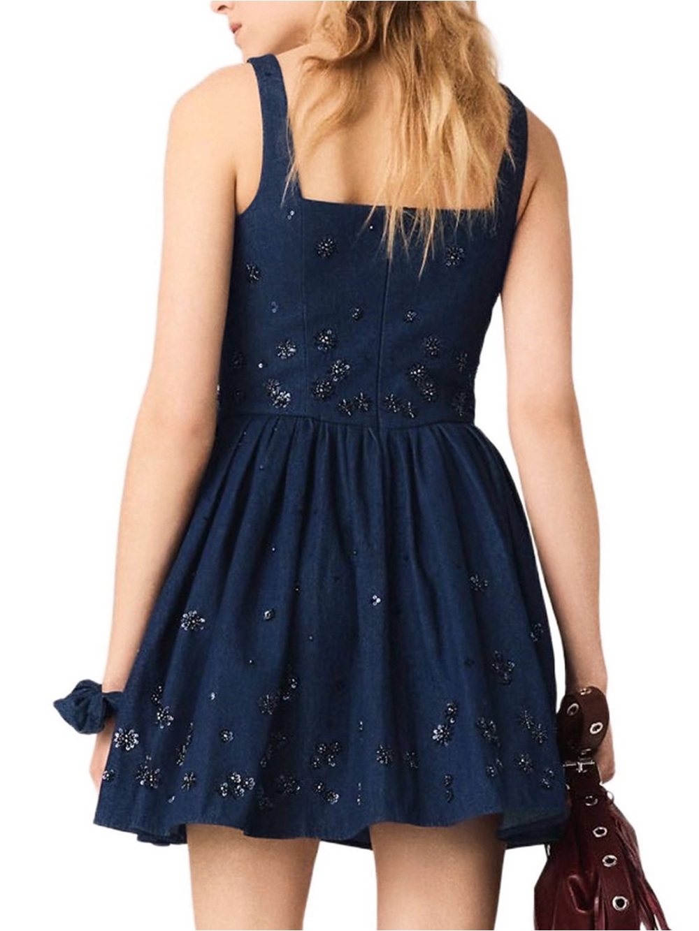 Maje 
Flared Embroidered Denim Dress